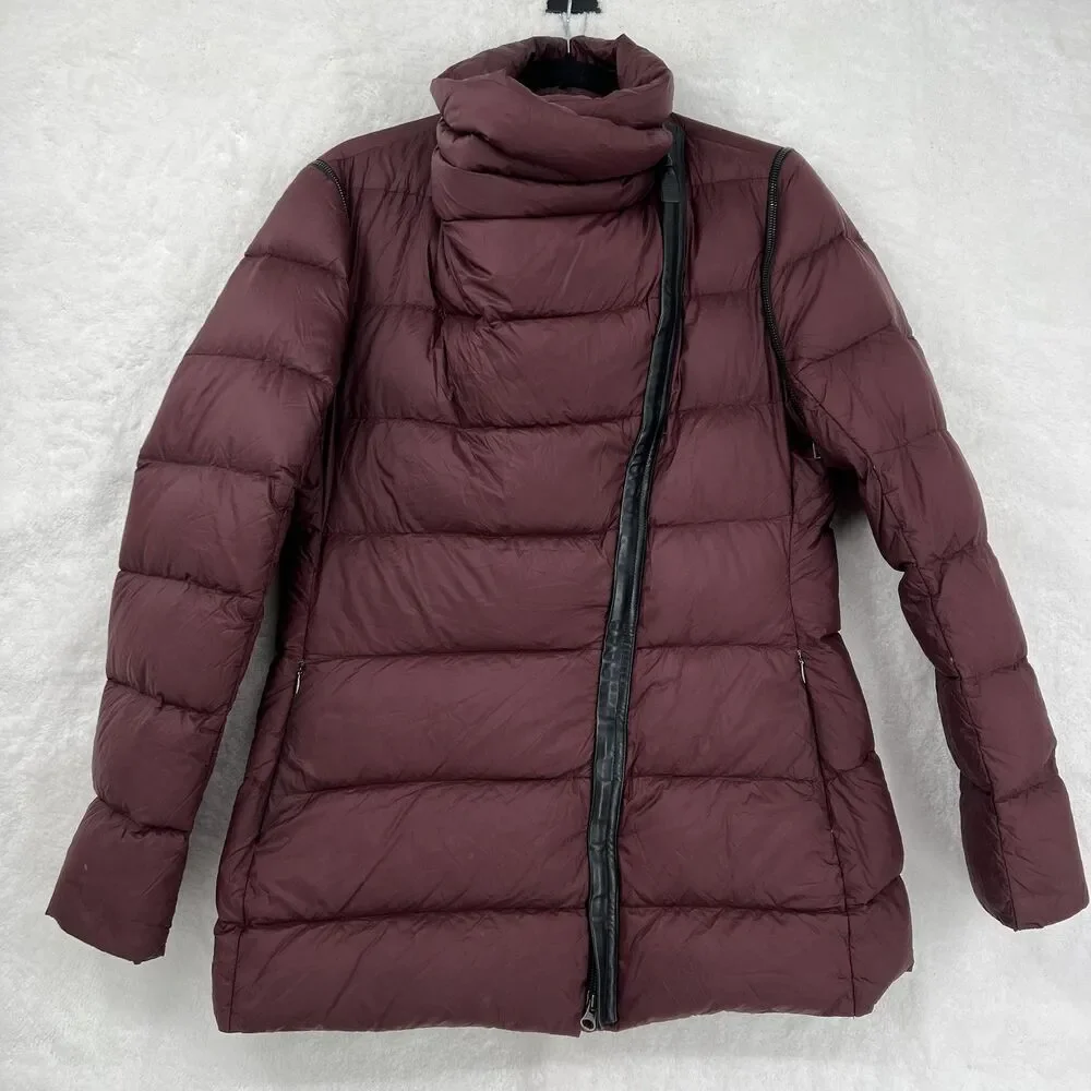 Mackage Down Puffer Coat Womens Large Burgundy Nylon Leather Trim Jacket - Picture 6 of 14